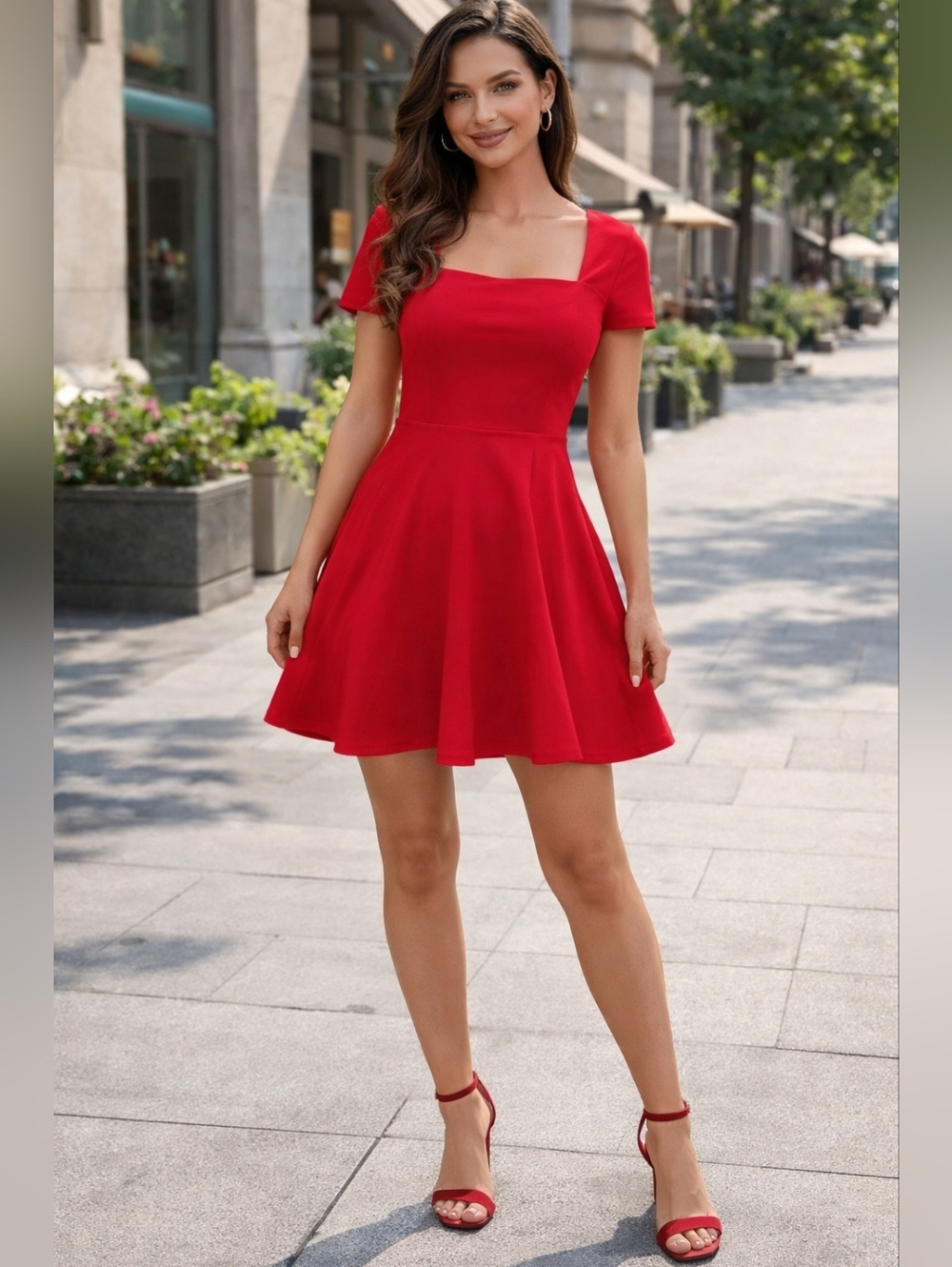 Red Square Neck Fit & Flare Dress Built-In Shorts Women’s Small‎
